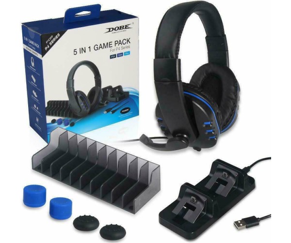 DOBE 5 IN 1 GAME PACK, STEREO HEADSET WITH MIC, STORAGE STAND HOLD UP TO 10 DISC, DUAL CHARGE CONTROLLER, 2X PRO & 2XBASE GRIPS, CHARGING CABLE 80CM ΓΙΑ PS4/PS4SLIM/PS4PRO