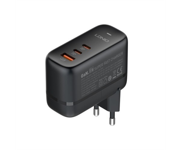 Ldnio Φορτιστής με Θύρα USB-A και 2 Θύρες USB-C και Καλώδιο USB-C 65W Quick Charge 3.0 / Power Delivery Μαύρος (Q366)