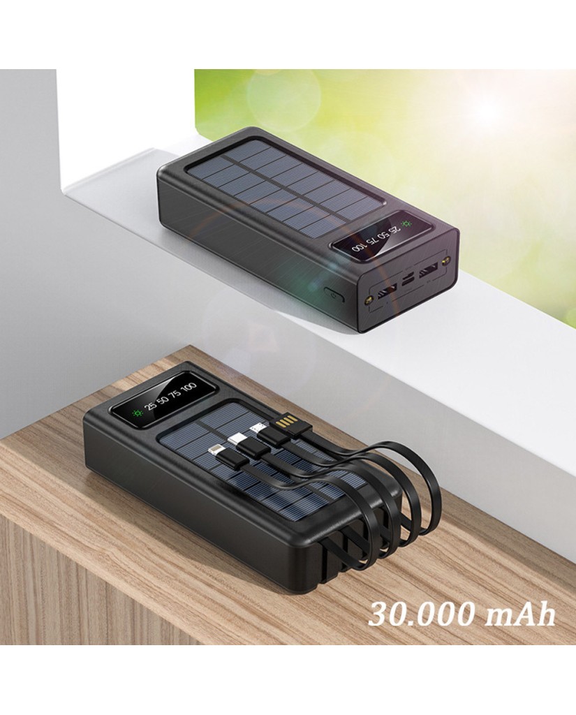Ηλιακό Powerbank 30000mAh με Ενσωματωμένα Καλώδια Φόρτισης, 2 Θύρες USB-A K-A12 - Μαύρο