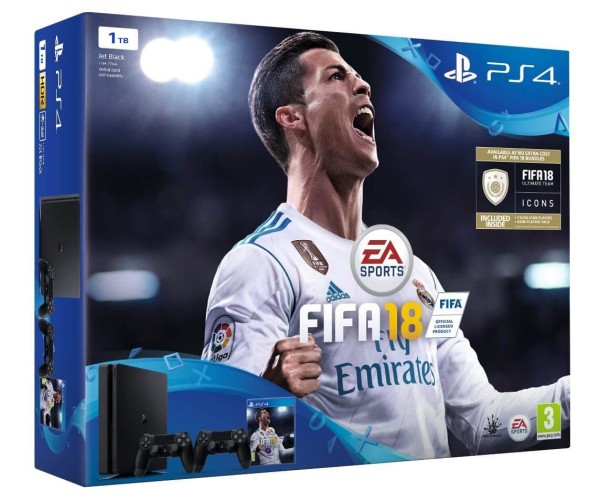 Sony PlayStation 4 - 1TB Slim Black + FIFA 18 Ultimate Team Icons + FIFA World Cup Update + 2 Χειριστήρια DualShock 4