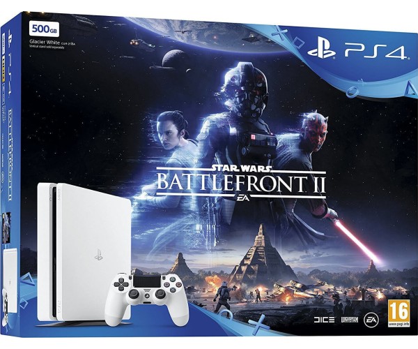 Sony PlayStation 4 - 500GB Slim White + Star Wars Battlefront II + The Last Jedi Heroes DLC